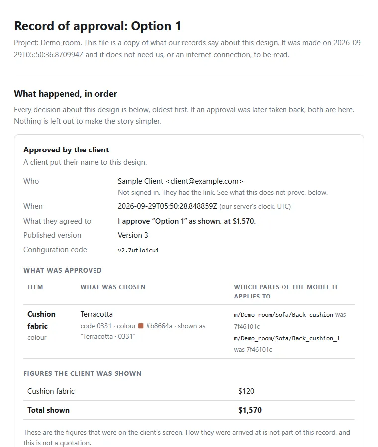 The first page of an approval record file: who approved, when by the server’s clock, the sentence they agreed to, the version, the configuration code, what was chosen and the figures they were shown.