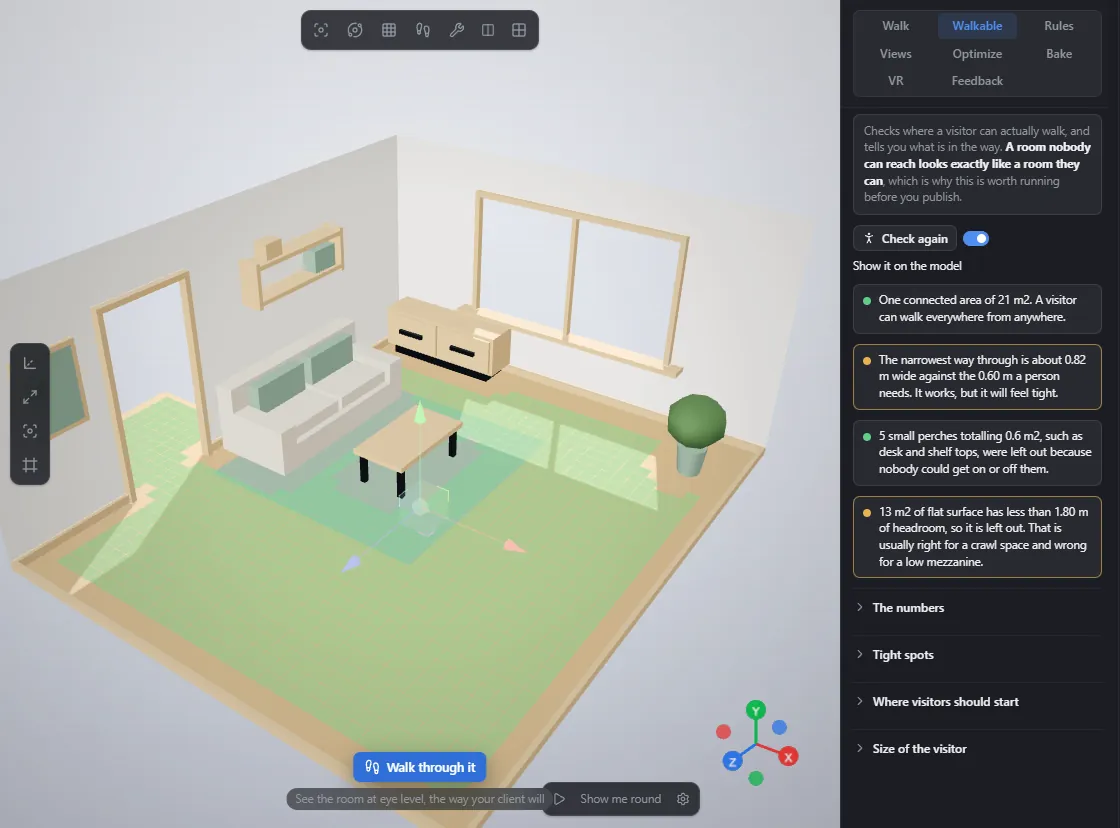 The walkable area check in the editor: the floor a visitor can reach painted green, and sentences saying the narrowest way through is about 0.82 m against the 0.60 m a person needs.