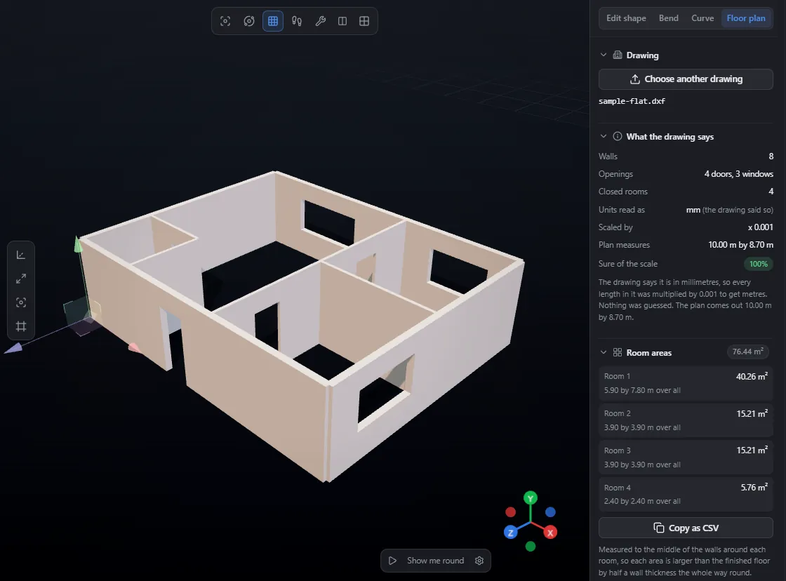A sample DXF plan of a two-bedroom flat built into 3D walls in the 3D Thing editor, with doors and windows cut as openings, beside the import panel listing 8 walls, 4 doors, 3 windows and four room areas from 5.76 to 40.26 square metres.