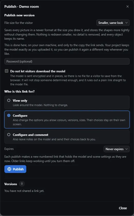 The Publish dialog: file size setting Smaller, same look, an optional password, a no-download option, who the link is for (view only, configure, or configure and comment) and an expiry.