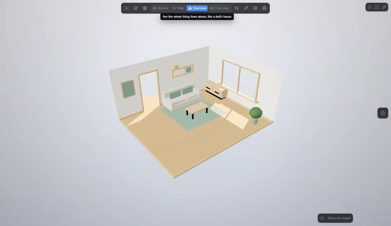 The same room in the viewer’s overview mode, seen from above at an angle like a doll’s house.