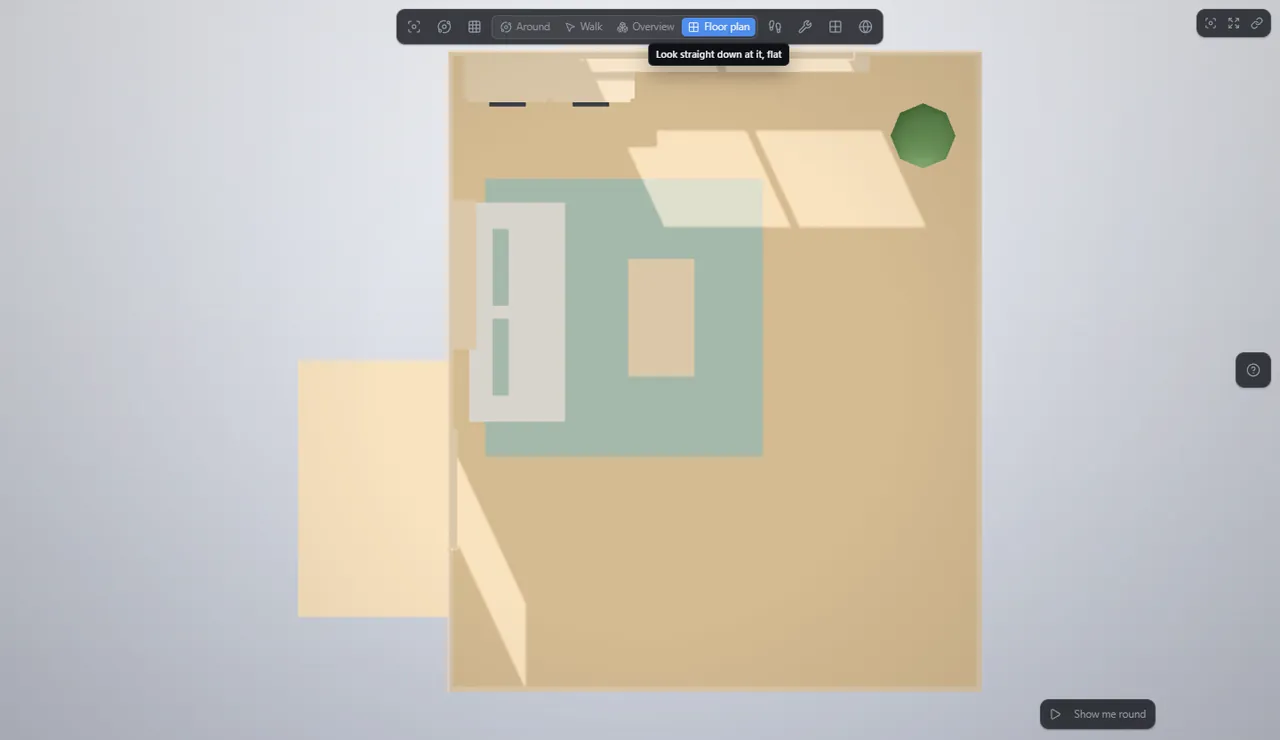 The 3D Thing viewer in floor plan mode: the demo room seen straight down, with the view mode switch at the top.